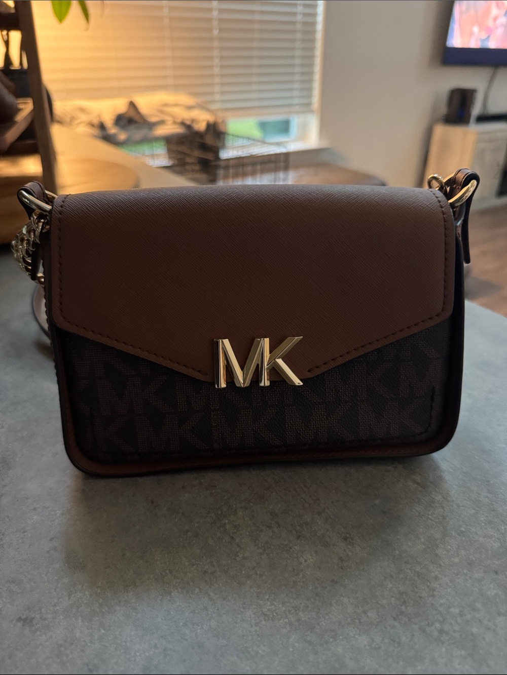 Michael Kors Brown and Dark Brown MK Logo Crossbody Bag